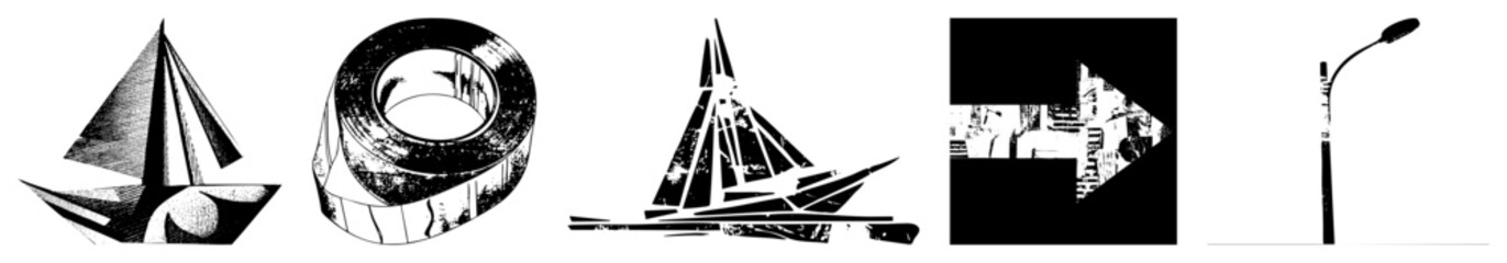 Obraz premium Minimalist vector featuring sailboat, tape roll, and street lamp in halftone and glyph styles, isolated foreground, design, urban and maritime motifs.