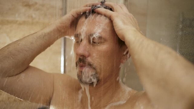 Man washing hair with shampoo in the shower. Middle-aged man with a beard washing his hair with soapy foam under a stream of water in a modern bathroom. Concept of morning routine and personal hygiene