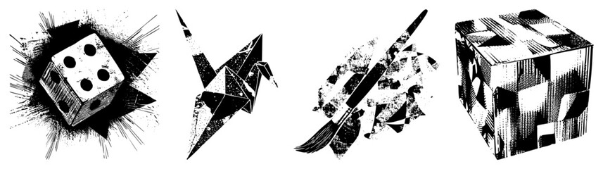 Obraz premium Abstract black and white vector origami crane, die, paintbrush, cube halftone, geometric. Ideal for graphic design/print. Synonyms stylized symbols, graphic glyphs, vector element