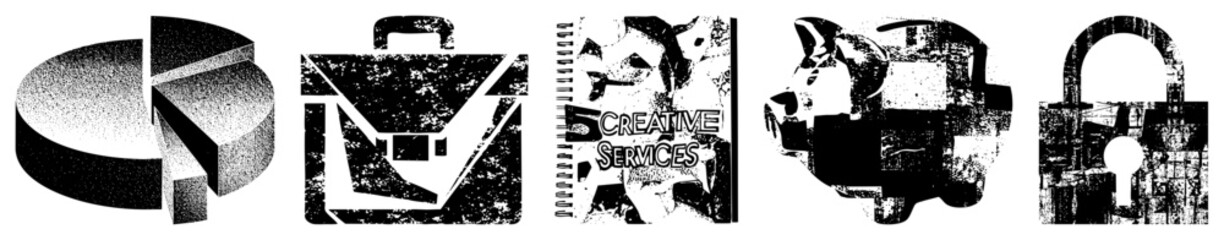 Obraz premium Graphic symbols for finance, work, creativity, savings, and security, rendered in halftone style with distressed texture, ideal for corporate branding or digital interfaces.