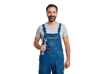 Fototapeta premium A friendly male worker wearing blue overalls and holding a wrench, suitable for marketing, advertising, or business use.