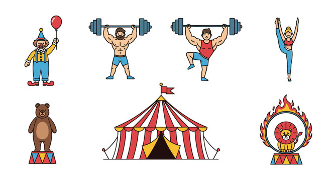 Set of circus-related illustrations including a clown, strongmen, an acrobat, a bear, a circus tent, and a lion jumping through fire.