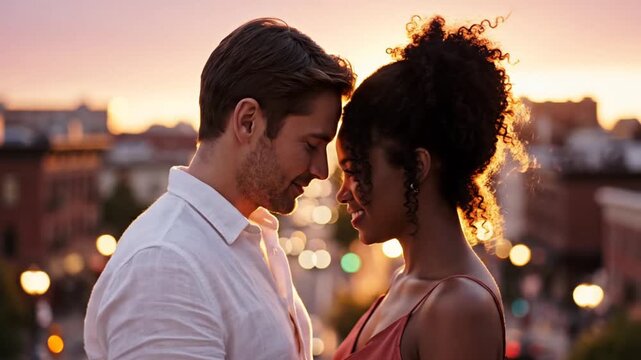 Romantic Couple Embracing at Sunset with City Skyline.