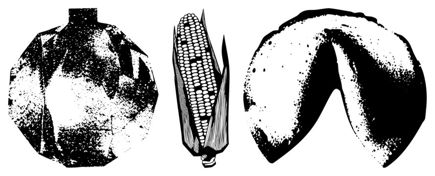 Black and white halftone vector art of a textured vase, corn cob with kernels, and fortune cookie. Graphic design elements for print or digital use.