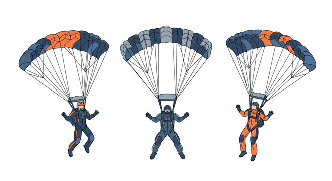 Three skydivers are descending through the air with their colorful open parachutes during an extreme sports jump.