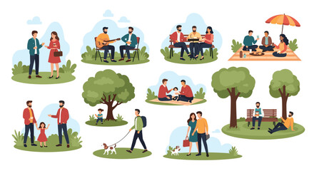 Obraz premium Diverse groups of people and families are enjoying leisure time in a green city park with trees, benches, and picnic areas.