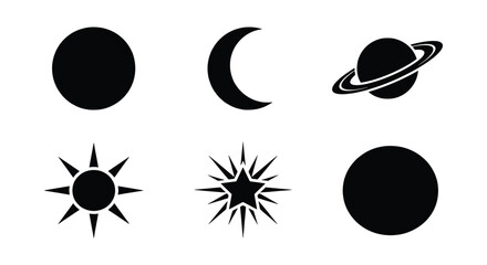 Celestial black icons set, minimalist space and astronomy symbols, 6 vector elements featuring sun, moon, and planets for graphic design © Robiul