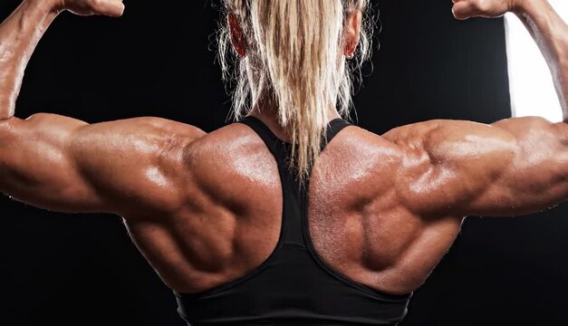 Back view of a muscular female bodybuilder demonstrating defined back and shoulder muscles. Strong athlete posing in double biceps on a black background in the studio