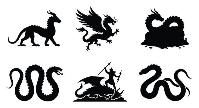 Mythical dragon silhouette collection, 6 fantasy creature vector icons, ancient serpent and winged wyvern set, legendary monster graphic elements