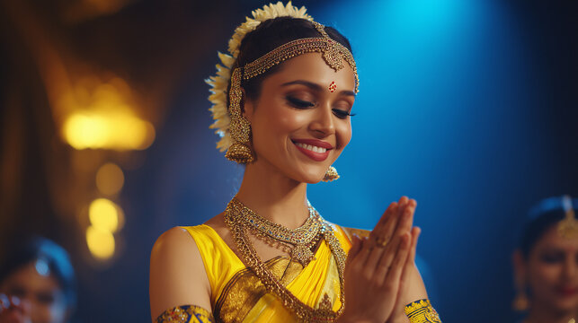 Indian Classical Dance Festival, Indian classical dancer in prayer pose with traditional costume and jewelry representing devotion spirituality and cultural heritage at dance festival performance