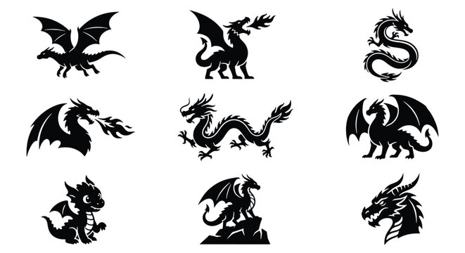 Mythical dragon silhouette collection, 9 black fantasy creature icons, medieval fire breathing dragon vector set, oriental and western dragon symbols