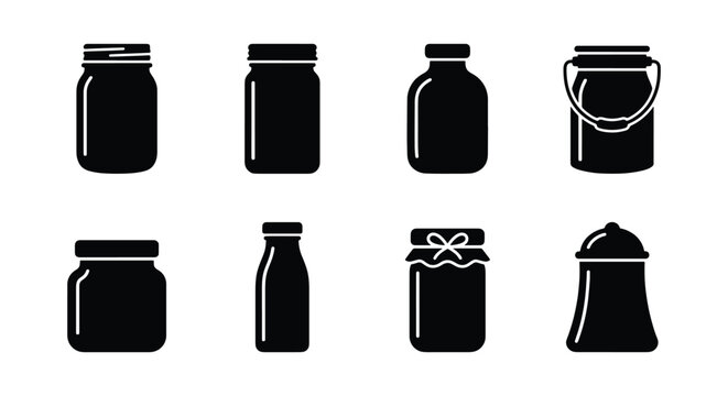 Minimalist glass jar icons set, black silhouette mason jars and kitchen storage containers, 8 vector food packaging symbols for pantry organization
