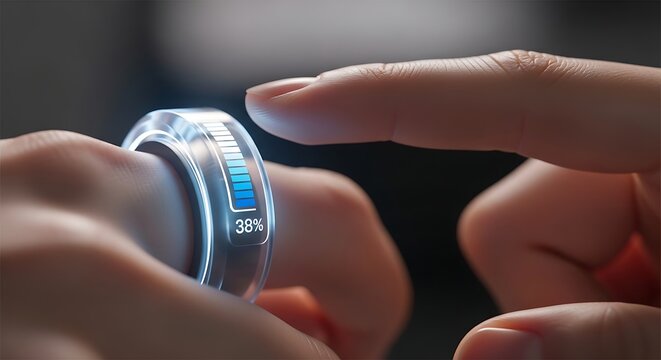 Smart wearable ring with 38 percent progress digital health tracking and futuristic technology concept