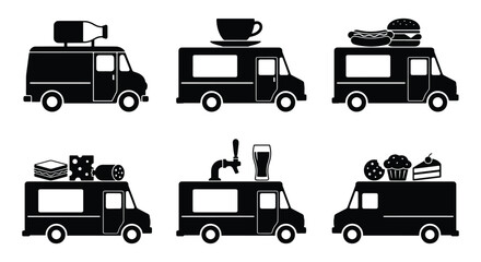 Fototapeta premium Black food truck silhouette icons set, mobile street food van collection with coffee and burger symbols, 6 vector delivery vehicle illustrations