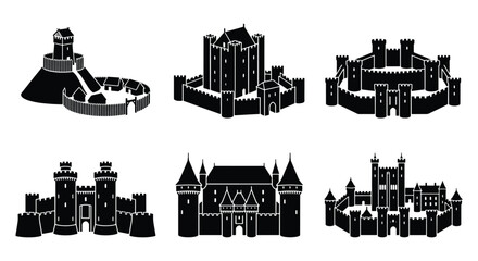 Naklejka premium Medieval castle silhouettes set, 6 black fortress icons with towers and stone walls, ancient kingdom architecture vector collection for history maps
