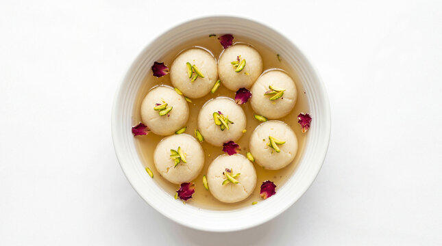Indian dessert Rasgulla in a bowl with pistachios and rose petals on white.