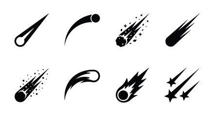Black comet icons set, falling meteor and asteroid silhouettes, 8 celestial space elements, shooting star vector graphics for astronomy design © Robiul