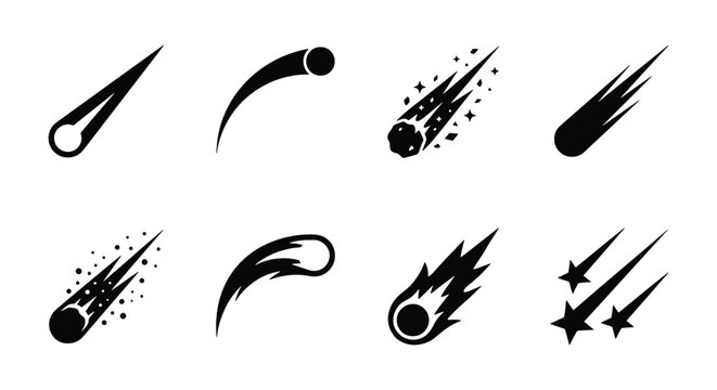 Black comet icons set, falling meteor and asteroid silhouettes, 8 celestial space elements, shooting star vector graphics for astronomy design