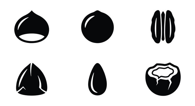 Minimalist nut icon set, black silhouette nut and seed collection, 6 vector elements including chestnut, macadamia, pecan, brazil nut, almond, and coconut