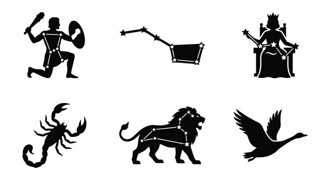 Celestial constellation icon set, black zodiac star map silhouettes, 6 vector elements including Orion, Big Dipper, Cassiopeia, Scorpio, Leo, and Cygnus