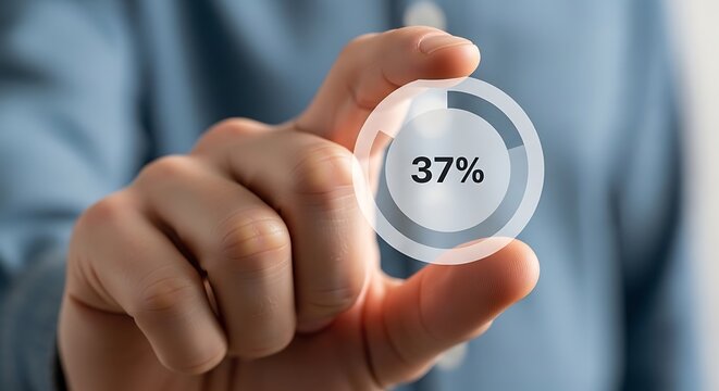 Digital circular KPI progress indicator at 37 percent business performance tracking concept