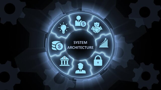System Architecture Infographic Template with and Graphs on Dark Background for Business and Technology Presentations
