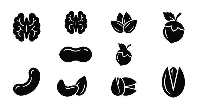 Minimalist nut icons set, black silhouette nut and seed collection, 11 vector elements including walnut peanut almond and pistachio for food packaging
