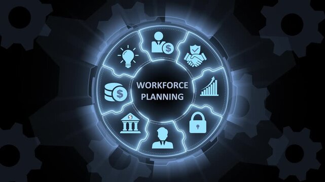 Workforce planning concept with and graphs on a blue background business strategy human resources
