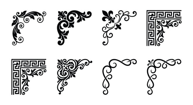 Vintage decorative corner borders set, 8 black floral filigree vector elements, antique greek key and baroque frame ornaments for wedding invitations
