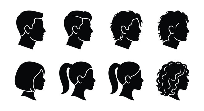 Male and female profile silhouettes, set of 8 diverse human head icons in side view, black vector avatars with various hairstyles and haircuts