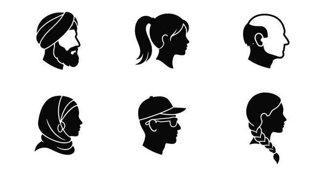 Diverse people profile icons set, 6 black silhouette head avatars, multicultural human faces in side view, inclusive user character vector illustrations