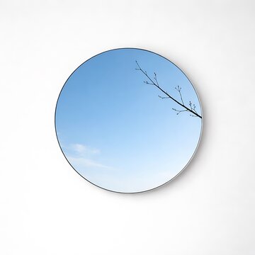 round mirror reflecting blue sky branch