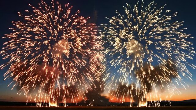 Fuegos artificiales espectaculares estallando al atardecer, celebraci&oacute;n vibrante del Cinco de Mayo, pirotecnia festiva con humo y luces para eventos nacionales y fiestas patrias.