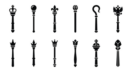 Royal scepter icon set, 12 black silhouette monarch wands, medieval king and queen ceremonial staff collection, fantasy game power symbols © Robiul