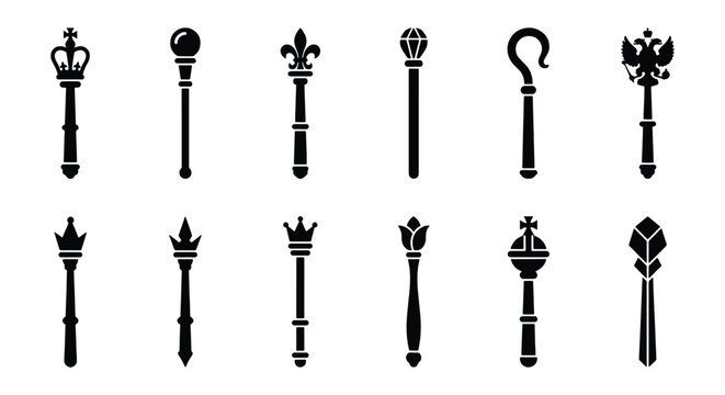 Royal scepter icon set, 12 black silhouette monarch wands, medieval king and queen ceremonial staff collection, fantasy game power symbols