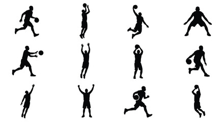 Basketball player silhouettes set, 12 action poses of athletes playing ball. Professional basketball players jumping, dunking and dribbling vector icons. © Sabbir