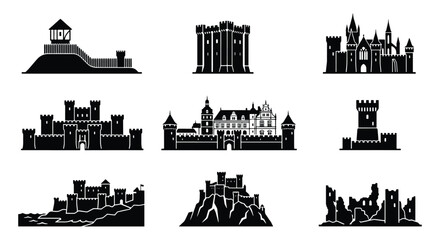 Fototapeta premium Medieval castle silhouettes set, 9 black fortress icons and palace vectors, ancient gothic citadel and kingdom ruins, historical architecture elements