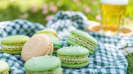 Fototapeta premium Colorful macaron cookies with a beer on a checkered blanket in a garden setting