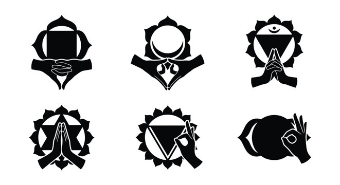 Sacred chakra symbols with mudra hand gestures, black yoga icons set of 6 vectors, spiritual meditation and energy healing graphics for wellness