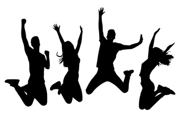 High-contrast silhouette of a diverse group of four young friends jumping in the air with joy. Energetic black and white graphic depicting celebration, success, and freedom, featuring people in dynami © Suriya