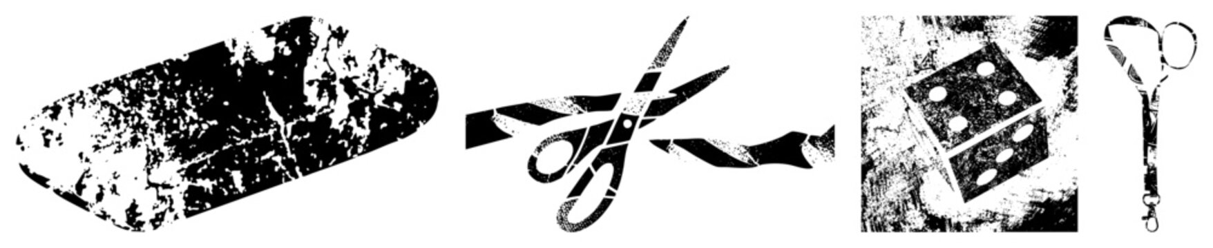 Black and white halftone scissors cutting ribbon, distressed dice with pips, grunge texture overlay, graphic design elements, vector cutout.