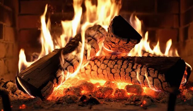 Close up of burning firewood in fireplace with bright flames and glowing embers. Charred wood texture and warm glow create an atmosphere of home comfort