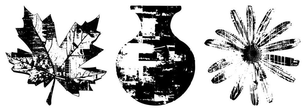 Distressed vector illustrations of autumn leaf, ceramic vase, and daisy flower with halftone grit, black and white, vintage aesthetic, isolated graphic elements.
