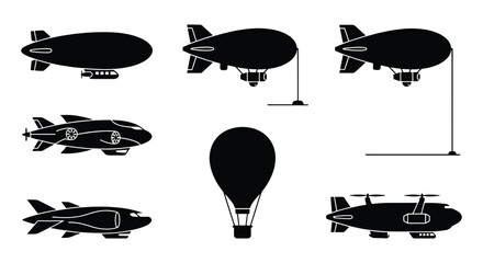 Vintage airship silhouette collection, set of 7 dirigible and hot air balloon vector icons, black zeppelin and blimp transport symbols on white background © Robiul