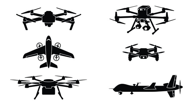 Unmanned aerial vehicle silhouettes, set of 6 drone icons and aircraft vectors, black quadcopter and military uav symbols for technology design