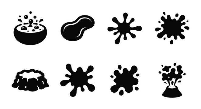 Black oil splash and liquid spill icons, set of 8 vector silhouettes, bubbling tar and petroleum puddle shapes, volcanic eruption and crater symbols
