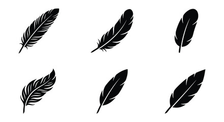 Black feather silhouettes set, collection of 6 bird feather vector icons, elegant quill pen symbols for writing and literature, minimalist plumage graphics © Shaila