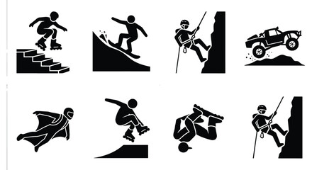 Extreme Sports Icons: Action Figures for Rollerblading, Snowboarding, Rock Climbing, Off-Roading, Wingsuit Flying © Shaila