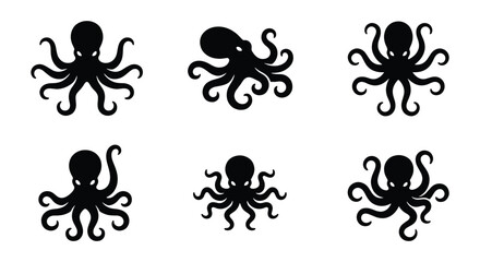 Black octopus silhouette collection, set of 6 sea creature icons, minimalist kraken and cephalopod vector graphics for logo design and nautical branding © Ahmed