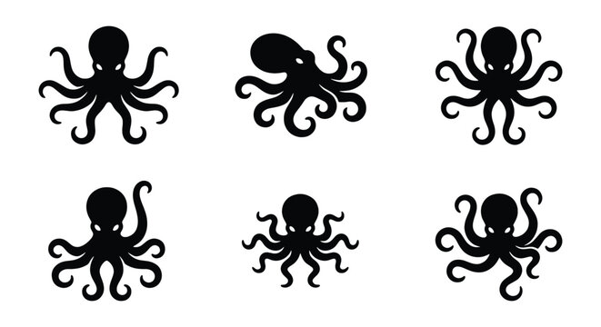 Black octopus silhouette collection, set of 6 sea creature icons, minimalist kraken and cephalopod vector graphics for logo design and nautical branding
